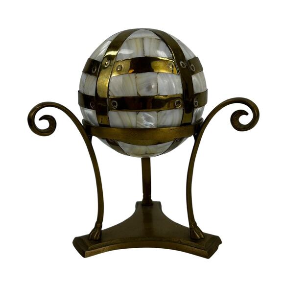 Mother of Pearl and Brass Sphere on Brass Stand 6.25" x 7" Globe Sphere 4" Wide - Picture 1 of 9
